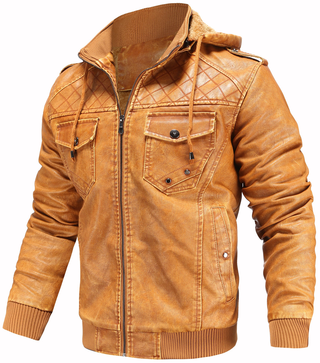 Men’S Leather Jacket and Coats Casual Stand Collar Vintage PU Faux Leather Zip-Up Motorcycle Bomber Jacket with Removable Hood Black S