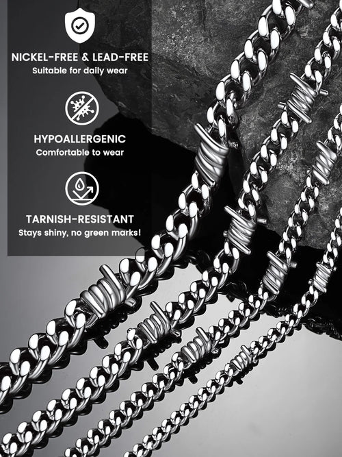 Thorns Cuban Chain for Men 9MM Thick Barbed Wire Choker Necklace Birthday Christmas Birthday Gifts for Dad Son Husband, 20 Inch